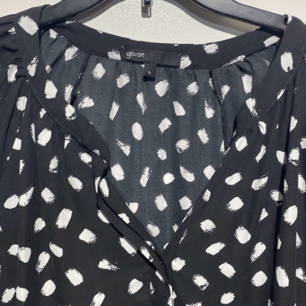 Gibson Womens Black White Brushstroke‎ Polka Dot Split V-Neck Blouse Large - Picture 11 of 12